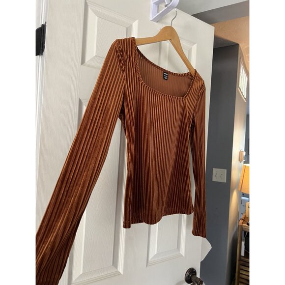 Shein Velvet Ribbed Long Sleeve Top Rust Brown Square Neck Size Small S 4 Fall R - Picture 3 of 4